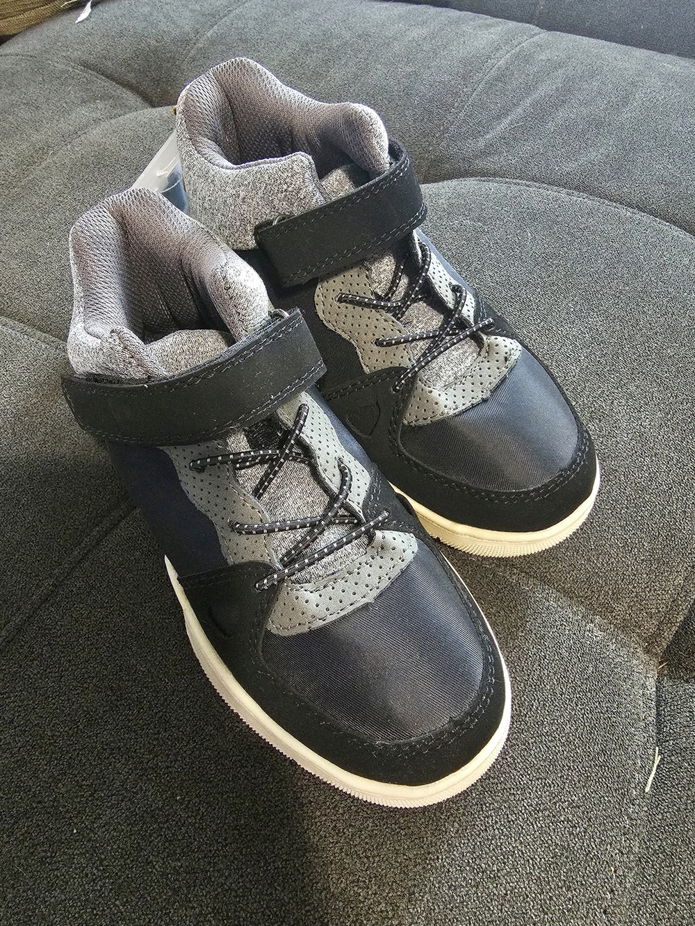 Kids Black and Gray High-Top Sneakers with Hook-and-Loop Strap